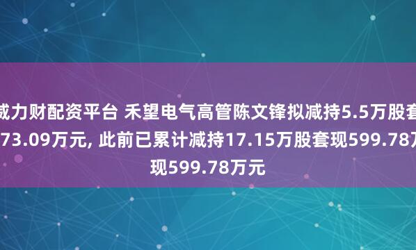 威力财配资平台 禾望电气高管陈文锋拟减持5.5万股套现173.09万元, 此前已累计减持17.15万股套现599.78万元